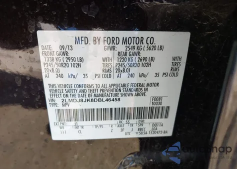 2013 Lincoln Mkx z USA, uszkodzony, nr VIN 2LMDJ8JK8DBL46458